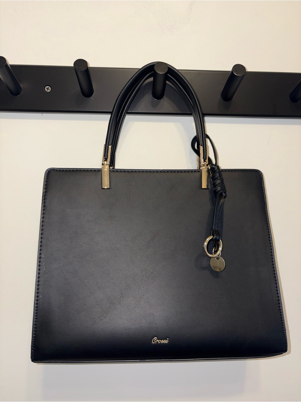 Crossi Black Structured Leather Tote with Gold Accents